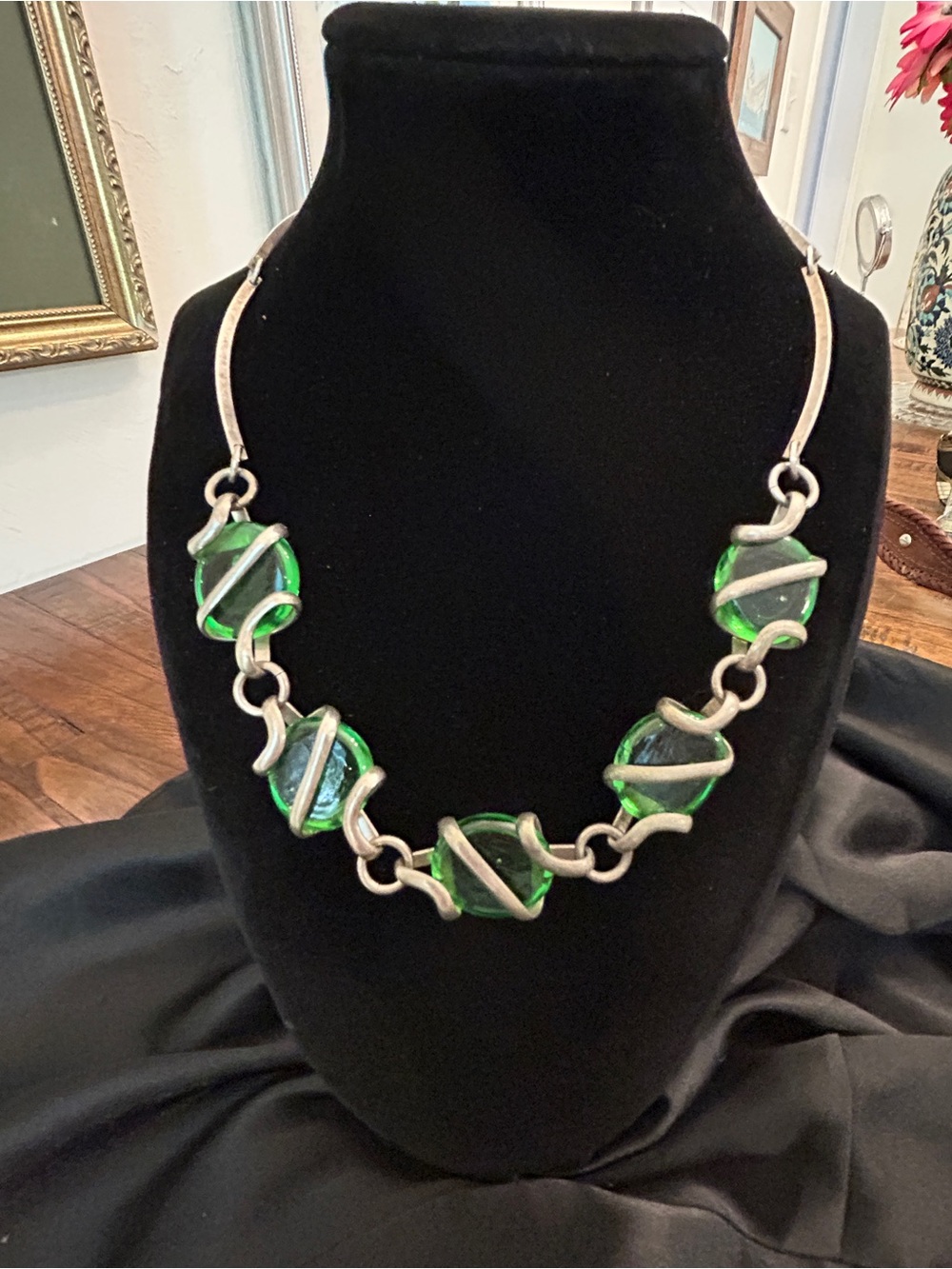 Green Glass Link Necklace with Silver Accents
